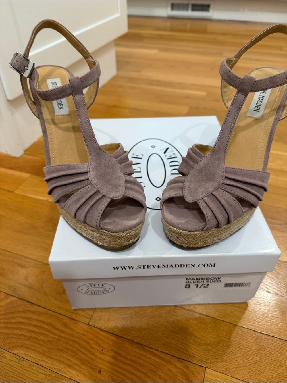 Steve Madden Blush Suede T‑Strap Espadrille Wedges